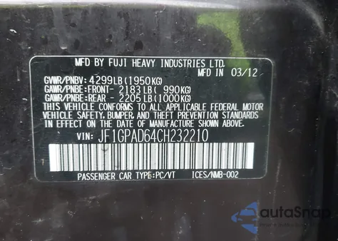 2012 Subaru Impreza 2.0I Premium z USA, uszkodzony, nr VIN JF1GPAD64CH232210